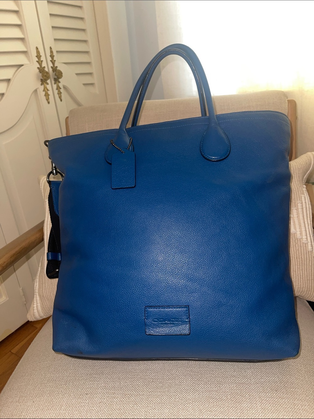 Coach Men’s Blue Leather Tote with Top Handles and Shoulder Strap